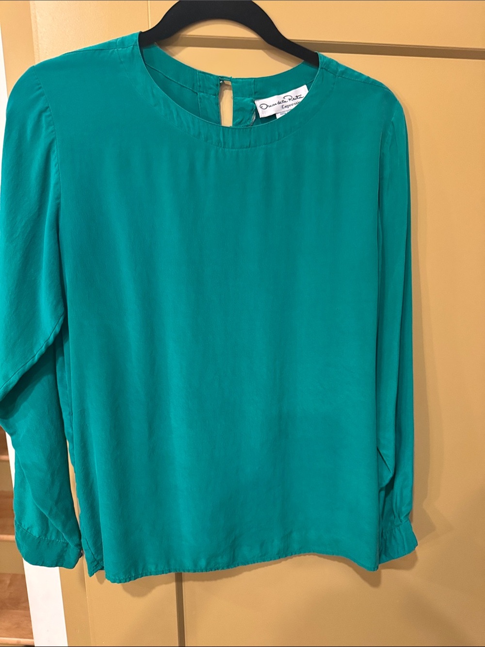 Oscar de la Renta Teal Long-Sleeve Round Neck Blouse